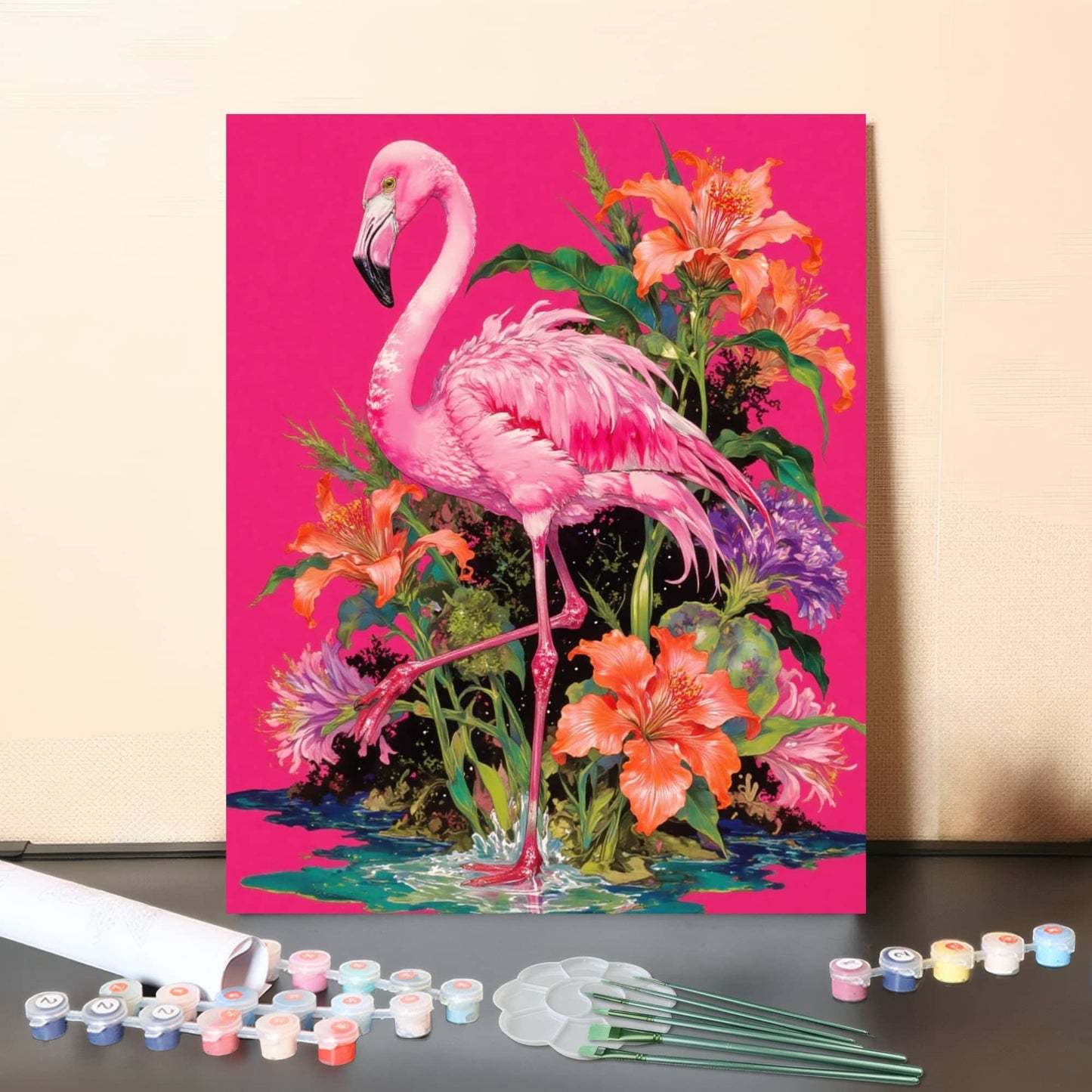 Tropical Pink Flamingo in Bloom – Vibrant Floral Paint by Numbers Canvas Kit