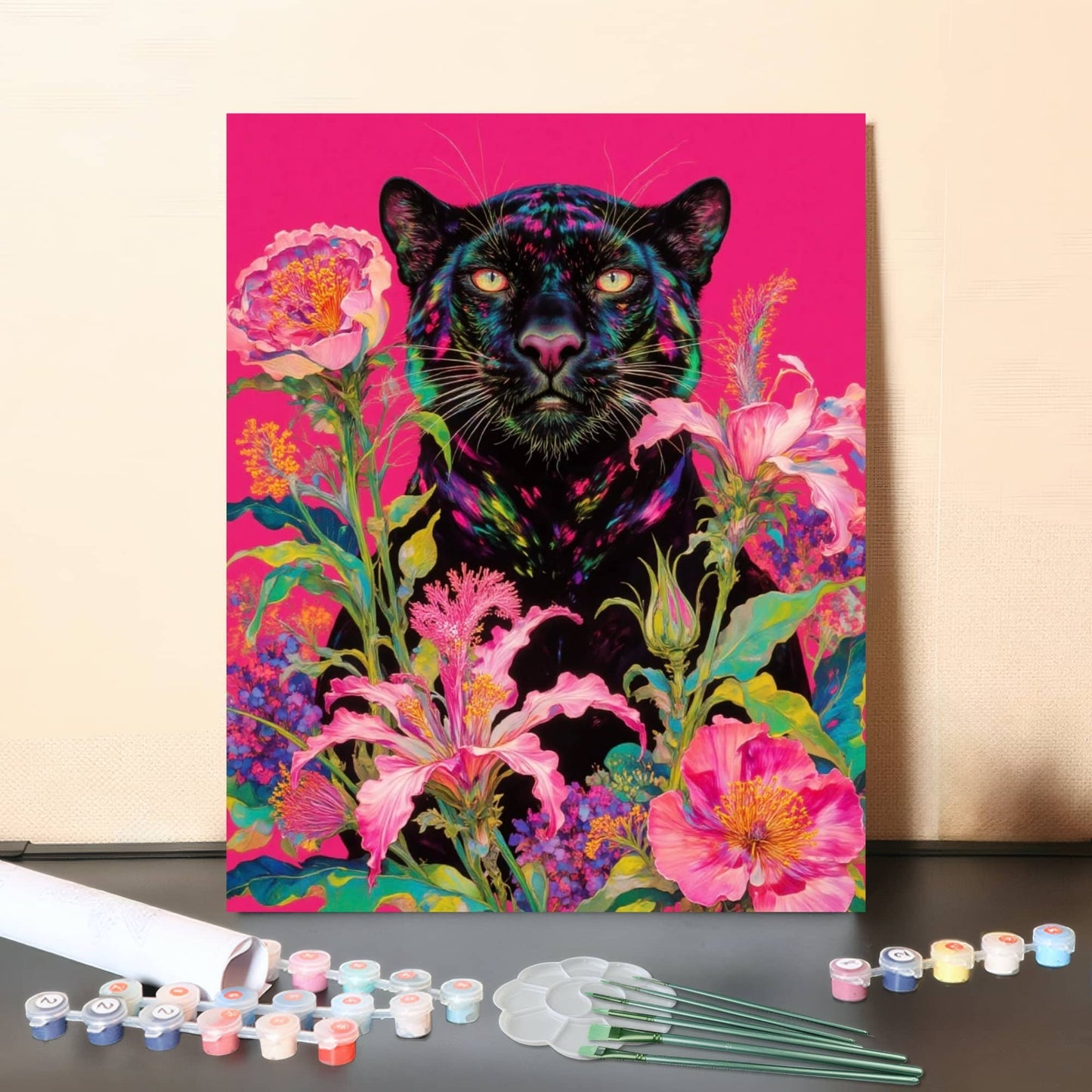 Neon Bloom Panther – Vibrant Floral Paint by Numbers Canvas Kit