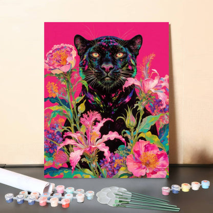 Neon Bloom Panther – Vibrant Floral Paint by Numbers Canvas Kit