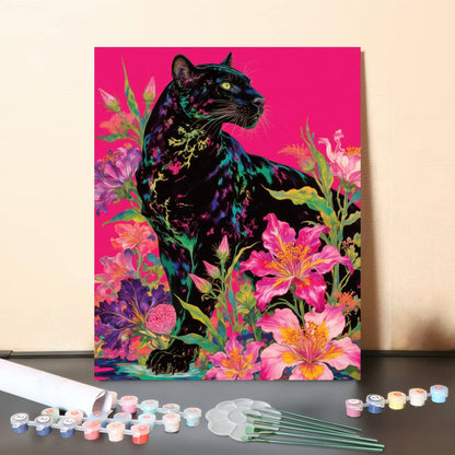 Neon Garden Panther – Vibrant Floral Black Panther Paint by Numbers Canvas Kit