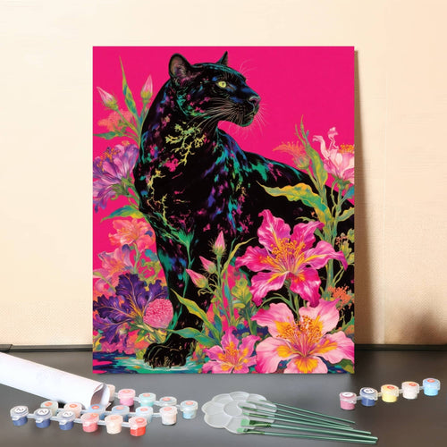 Neon Garden Panther – Vibrant Floral Black Panther Paint by Numbers Canvas Kit