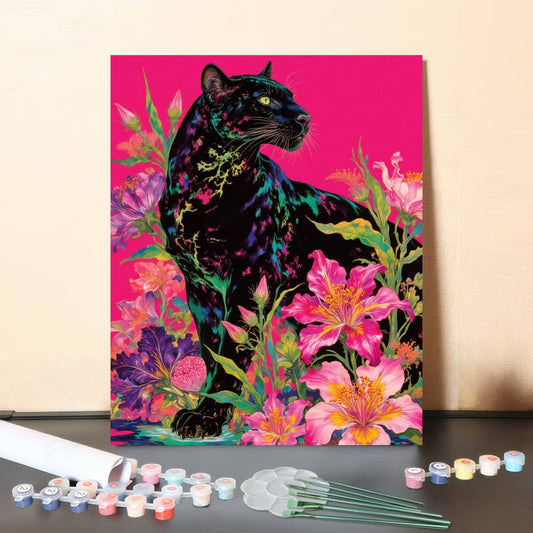 Neon Garden Panther – Vibrant Floral Black Panther Paint by Numbers Canvas Kit