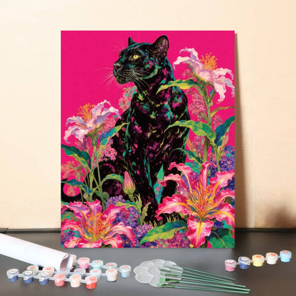 Neon Floral Panther – Black Panther Surrounded by Tropical Flowers Paint by Numbers Canvas Kit