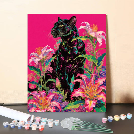 Neon Floral Panther – Black Panther Surrounded by Tropical Flowers Paint by Numbers Canvas Kit