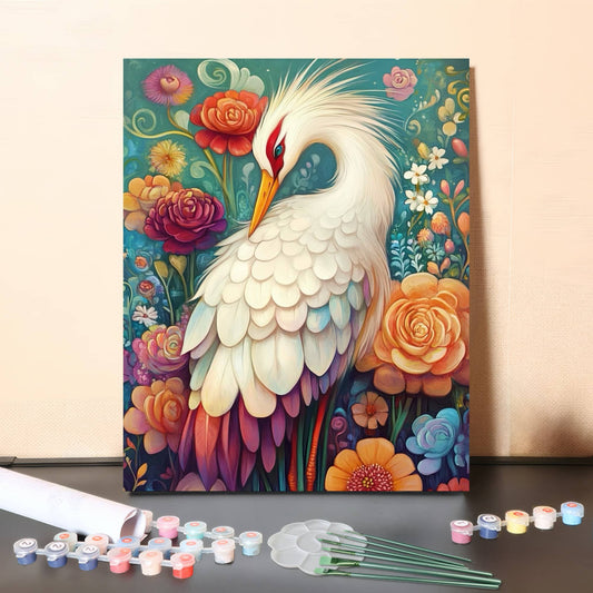 Whispering Garden Crane – Elegant Floral Paint by Numbers Canvas Kit