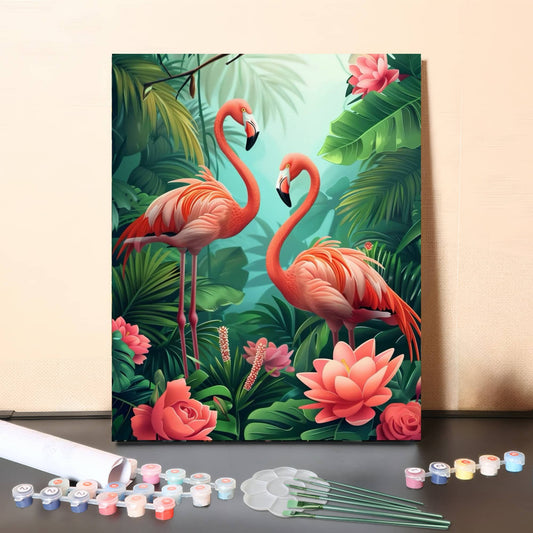 Pink Flamingos in Tropical Garden – Paint by Numbers