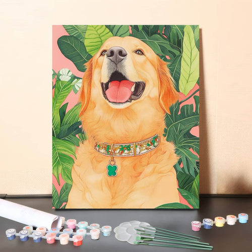Golden Retriever in Tropical Leaves – Paint by Numbers Canvas Kit