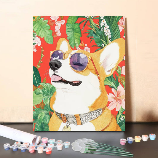 Tropical Cool Corgi – Stylish Dog with Sunglasses Paint by Numbers Canvas Kit