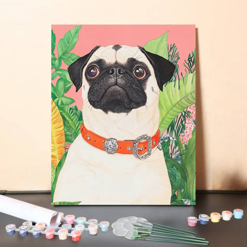 Tropical Pug Portrait – Cute Pug with Orange Collar Paint by Numbers Canvas Kit