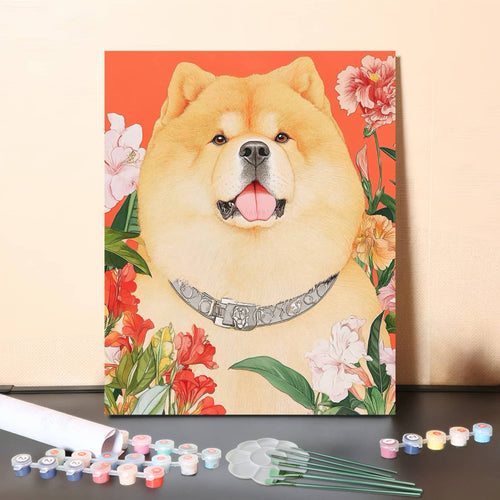 Floral Sunshine Chow Chow – Adorable Dog Portrait with Blossoms Paint by Numbers Canvas Kit