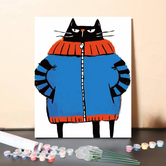 Grumpy Cat in a Blue Coat – Modern Cartoon Paint by Numbers Canvas for Adults