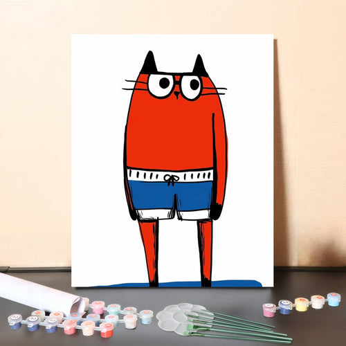Awkward Red Cat in Blue Shorts – AI Paint by Numbers