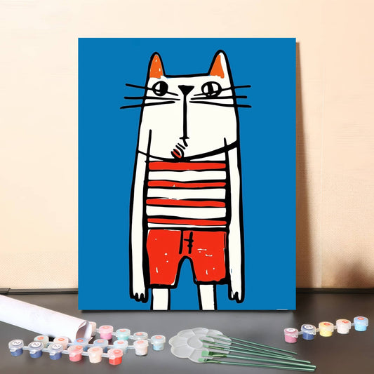 Striped Cat in Red Shorts – Paint by Numbers Canvas Kit