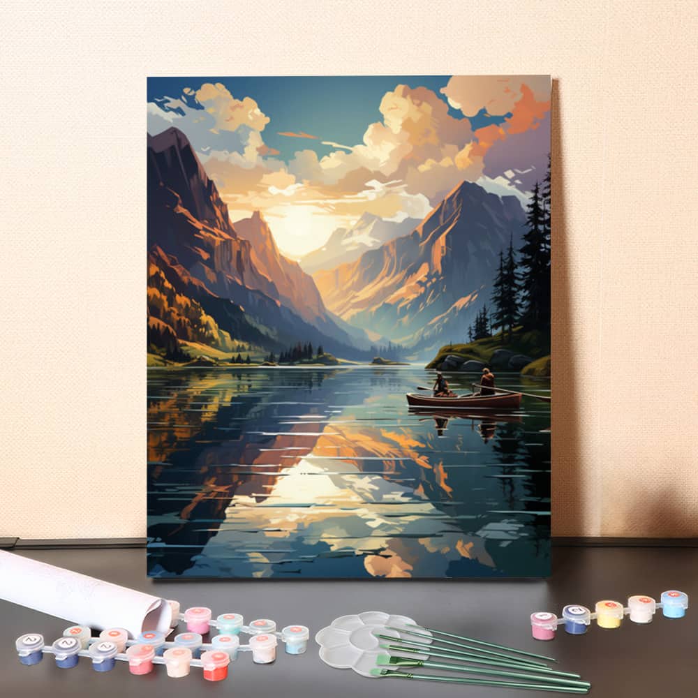 Mountain Lake with Clouds and Boat – Paint by Numbers Canvas Kit