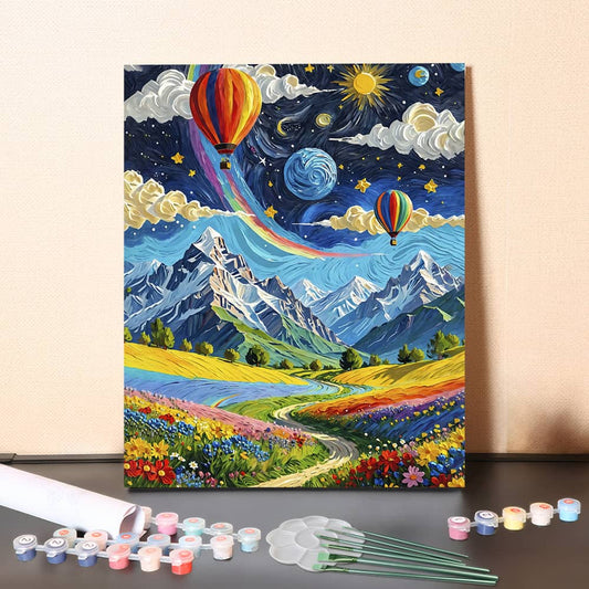 Sea of Blossoms and Mountains with Hot Air Balloons – Paint by Numbers Canvas Kit