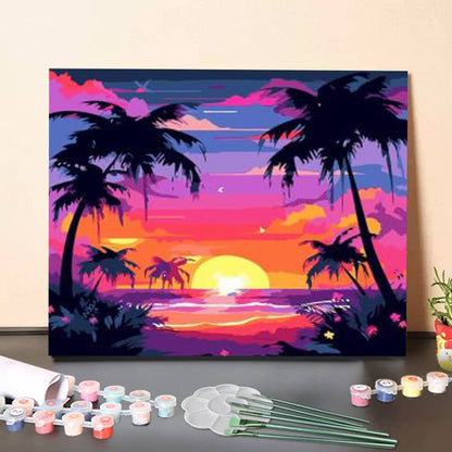 Pink Sunset with Palm Trees by the Sea – Paint by Numbers Canvas Kit
