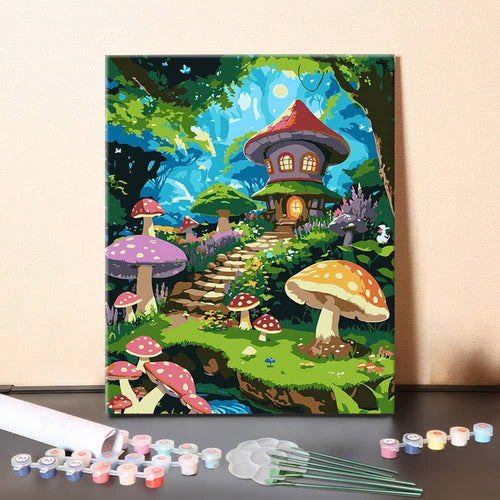 Mushroom Cabins in the Forest – Paint by Numbers Canvas Kit
