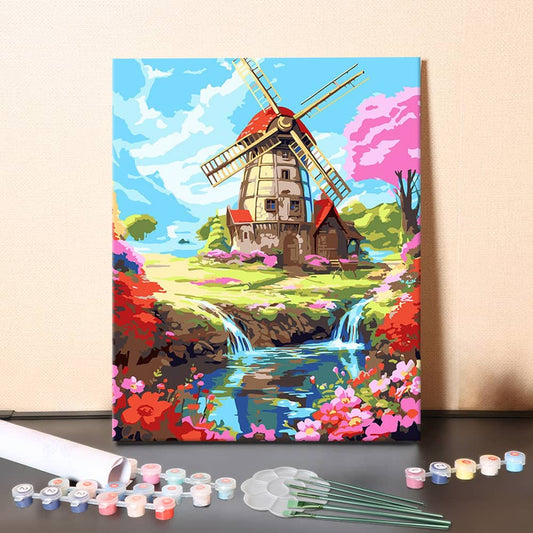 Windmill by the Riverbank – Paint by Numbers Canvas Kit