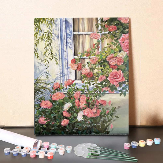 Window View with Pink Flowers – Paint by Numbers Canvas Kit