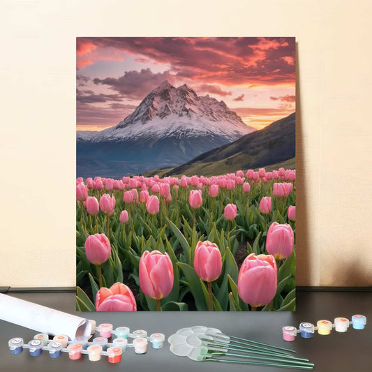 Tulips Before the Mountain – Paint by Numbers Canvas Kit
