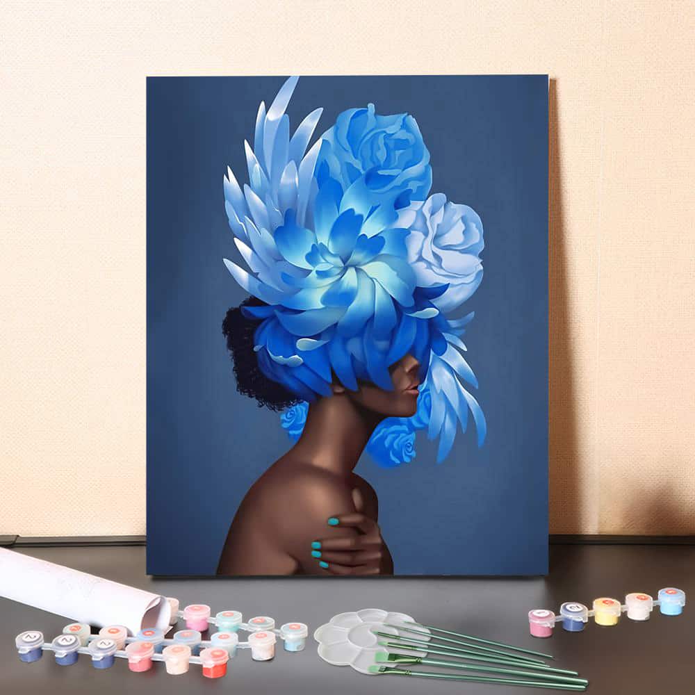 Azure Blossom Crown – Elegant Blue Floral Woman Portrait Paint by Numbers Canvas Kit