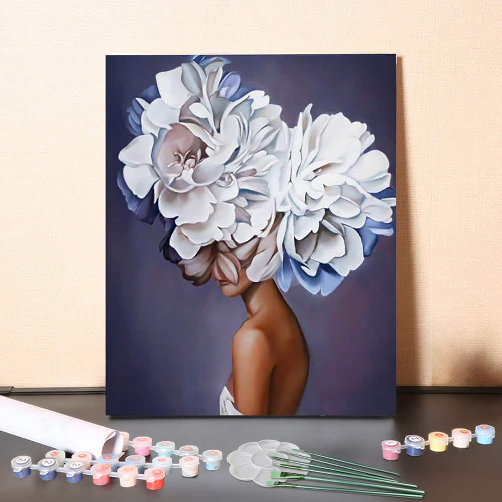 Ivory Blossom Muse – Elegant Floral Woman Portrait Paint by Numbers Canvas Kit