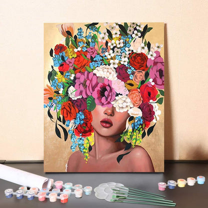 Floral Reverie Muse – Colorful Flower Crown Woman Portrait Paint by Numbers Canvas Kit