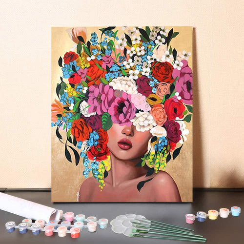 Floral Reverie Muse – Colorful Flower Crown Woman Portrait Paint by Numbers Canvas Kit