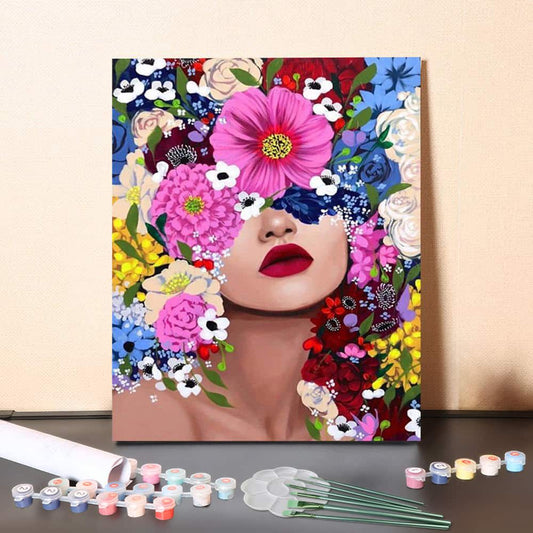 Blooming Reverie – Floral Woman Portrait with Bold Red Lips Paint by Numbers Canvas Kit