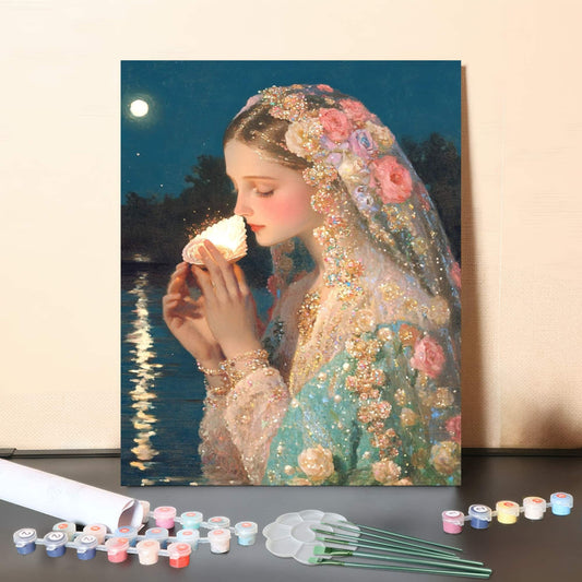 Moonlit Serenity – Romantic Floral Lady by the Lake Paint by Numbers Canvas Kit