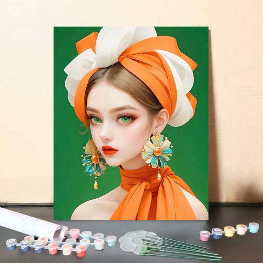 Emerald Gaze in Tangerine Silk – Elegant Lady Portrait Paint by Numbers Canvas Kit