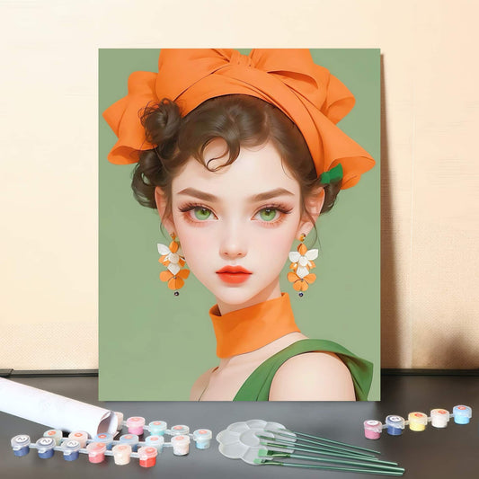 Verdant Eyes & Citrus Grace – Elegant Portrait Paint by Numbers Canvas Kit