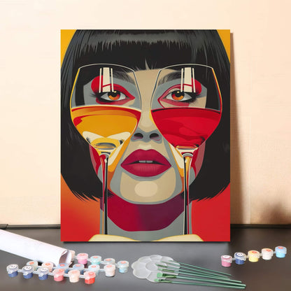 Double Vision Elegance – Modern Pop Art Woman with Wine Glasses Paint by Numbers Canvas Kit