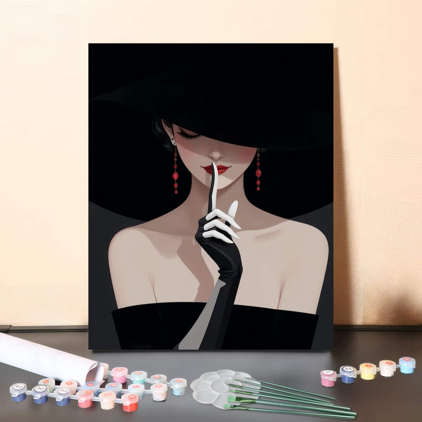 Silent Elegance – Mysterious Woman in Black Hat with Red Lips Paint by Numbers Canvas Kit