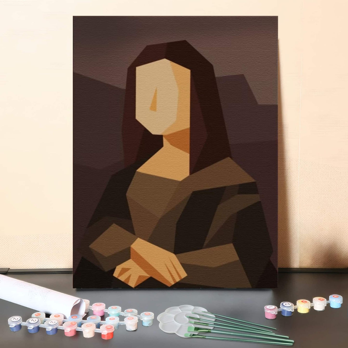 Cubist Enigma – Abstract Mona Lisa Style Geometric Portrait Paint by Numbers Canvas Kit