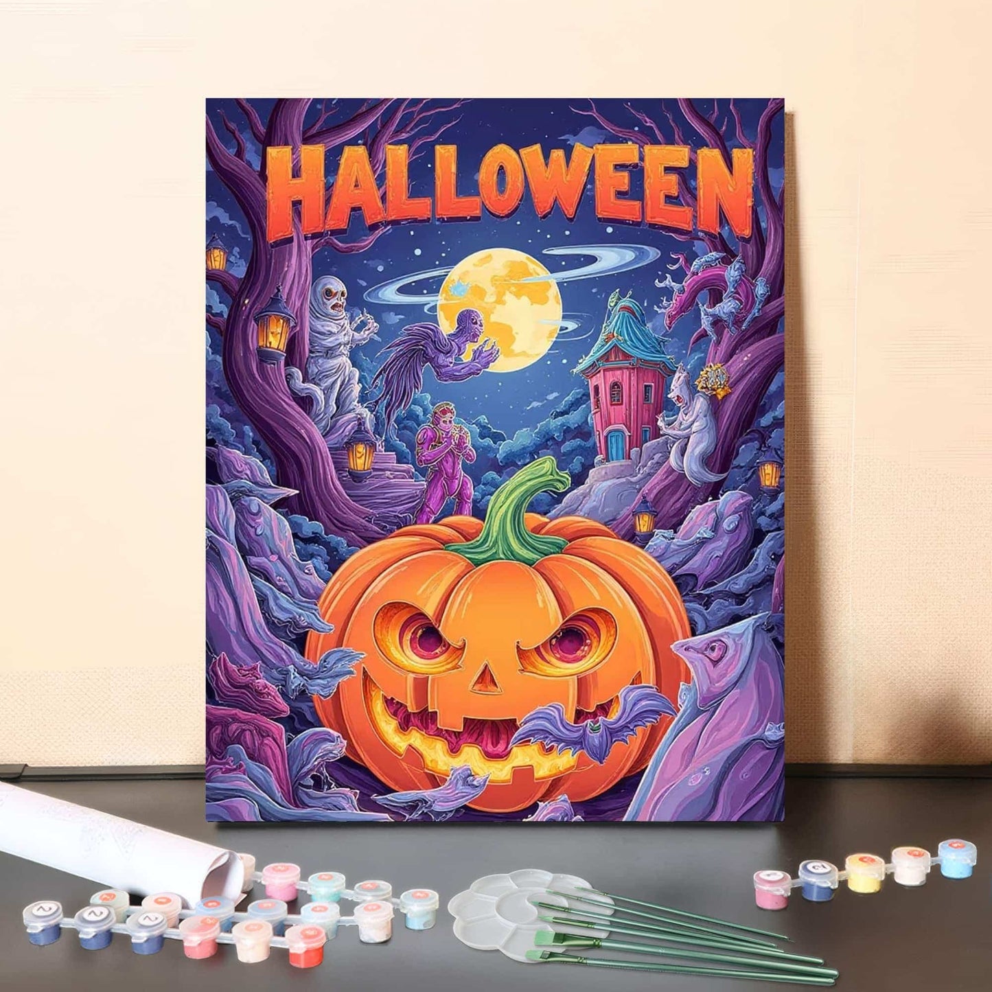 Colorful Halloween Pumpkin – Paint by Numbers Canvas Kit