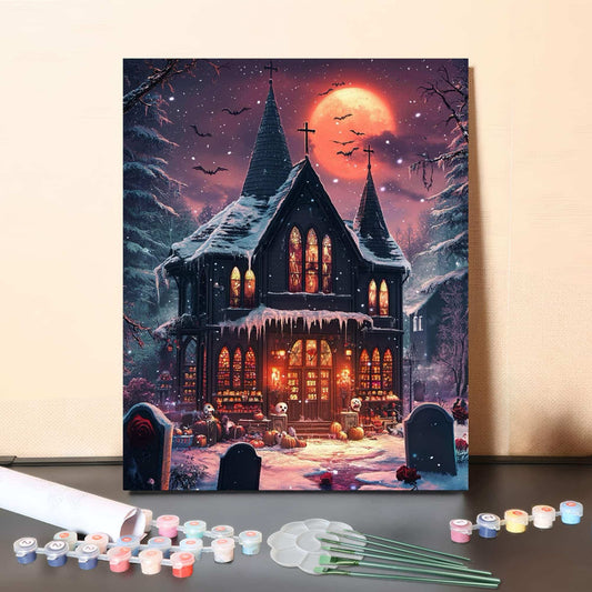 Haunted Gothic House Halloween Night – Paint by Numbers Canvas Kit