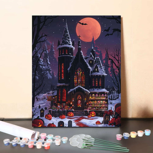 Blood Moon Gothic Church Night – Paint by Numbers Canvas Kit
