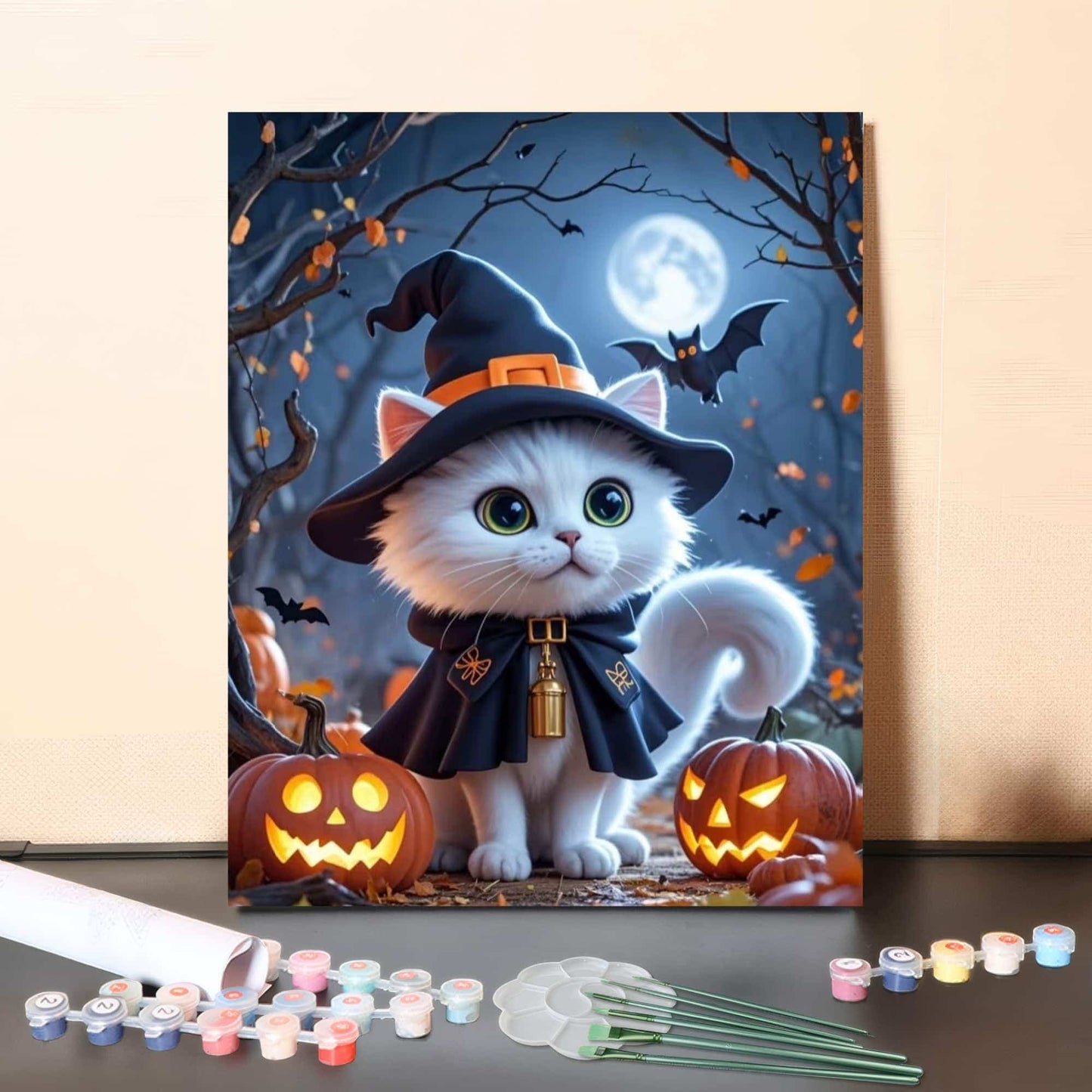 Cute Witch Cat Halloween Night – Paint by Numbers Canvas Kit