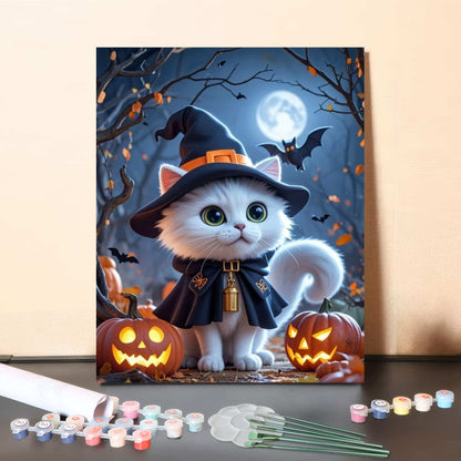Cute Witch Cat Halloween Night – Paint by Numbers Canvas Kit